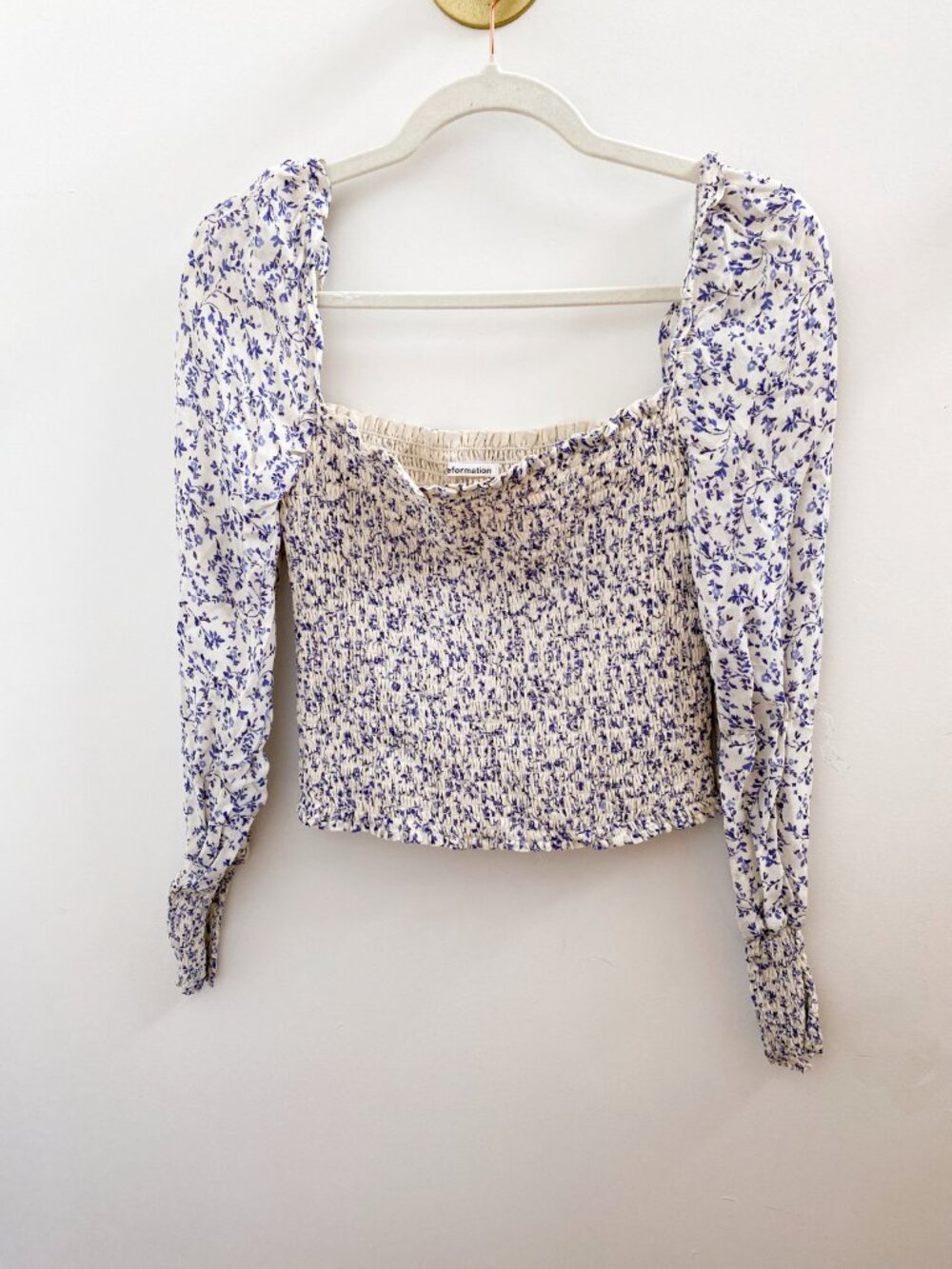 Reformation Blue Floral Smocked Milkmaid Long Sleeve Blouse - Size XS